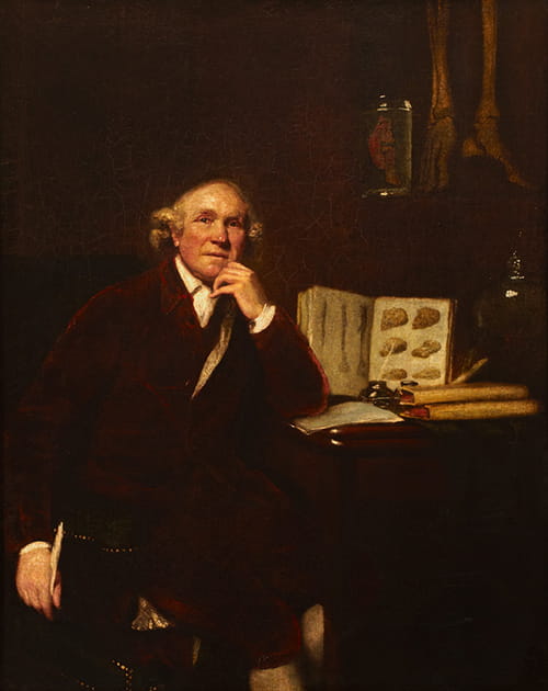 Painting of surgeon John Hunter with backdrop of skeleton