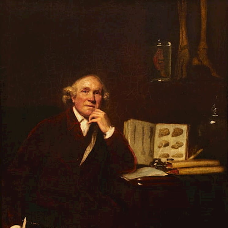 Painting of surgeon John Hunter with backdrop of skeleton
